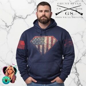 Grunt Style Mens XXL Navy Blue American Flag Captain Shield Hoodie Sweatshirt